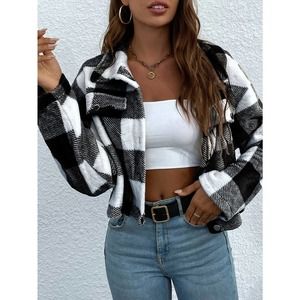 button up Buffalo Plaid Crop faux fur fuzzy teddy Jacket black white